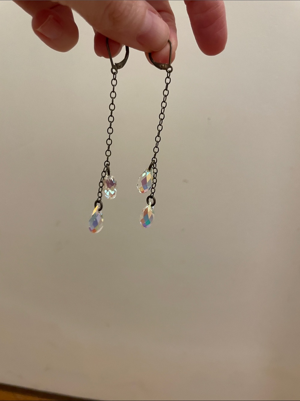 Delicate Crystal Drop Chain Earrings - Black Chain with Iridescent Crystal